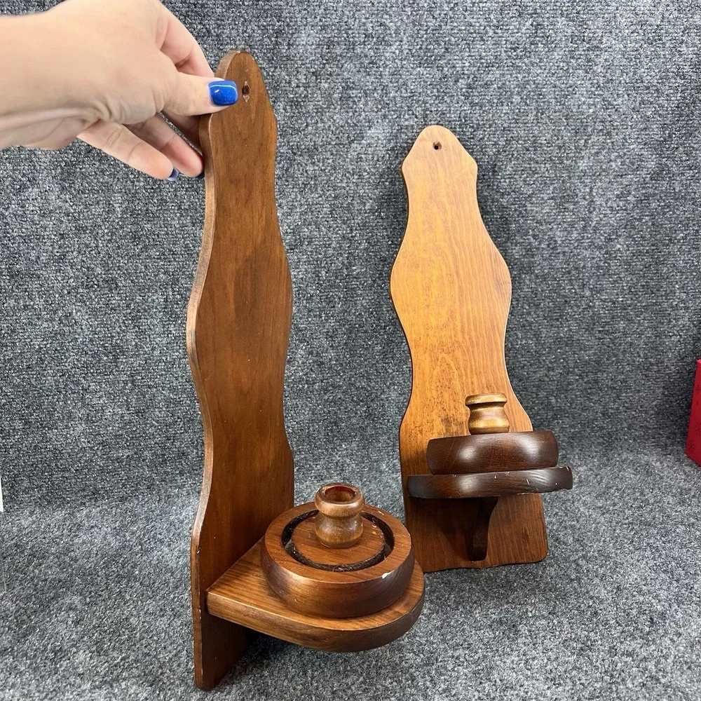 Pair Of Vintage Wood Wall Hurricane Sconce Candle Holders 17